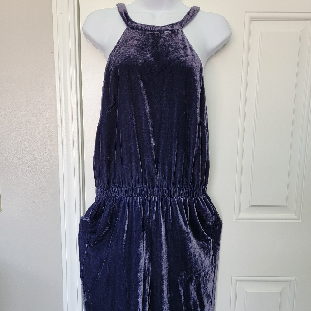 LOFT Velvet Halter Neck Sleeveless Jumpsuit Holiday Party Blue Purple Small - Picture 5 of 16
